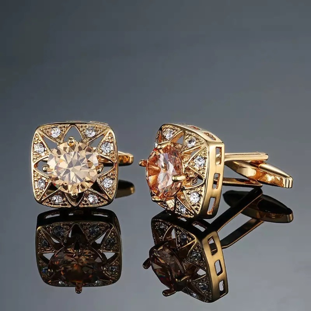 Elegant Rounded Square Gold Crystal Cufflinks - Picture 1 of 16
